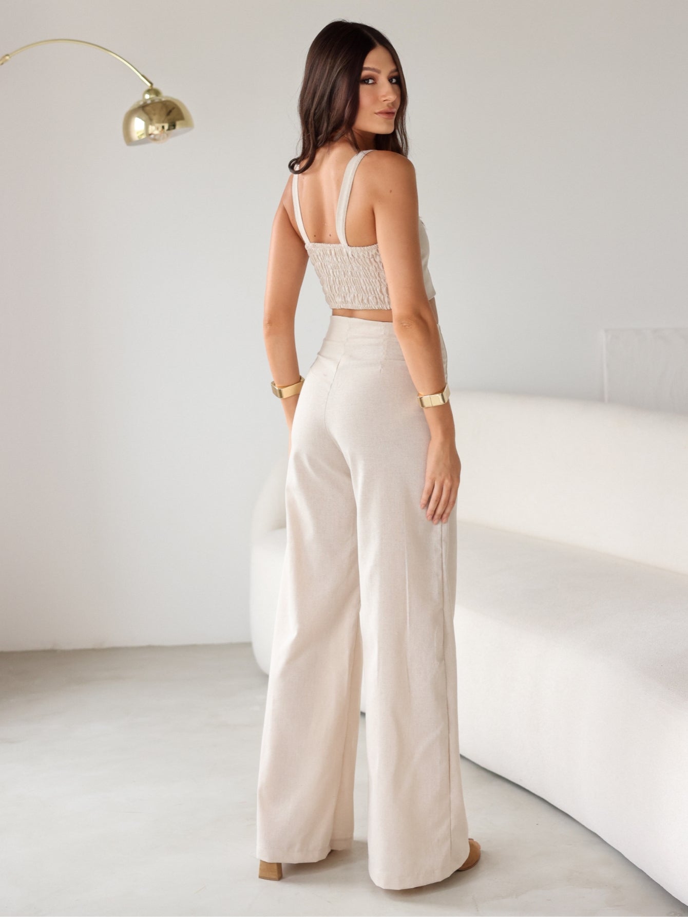 Conjunto de Linho Calça Pantalona Wide Leg e Cropped Alças Finas Lucy