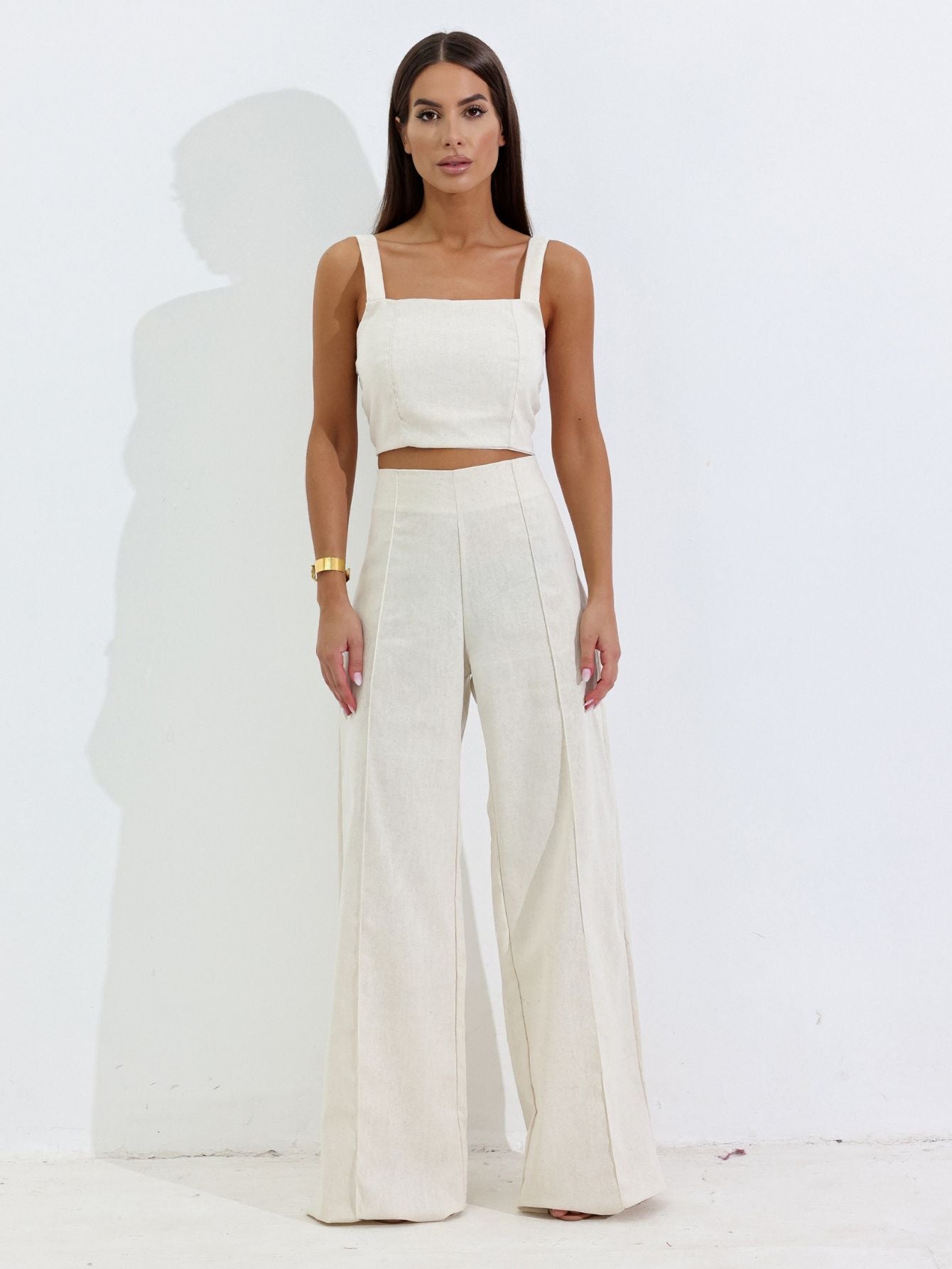 Conjunto de Linho Calça Pantalona Wide Leg e Cropped Alças Finas Lucy