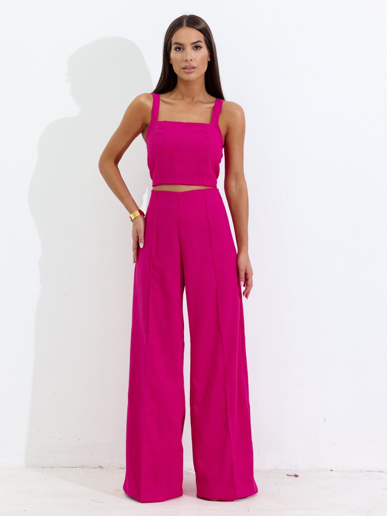 Conjunto de Linho Calça Pantalona Wide Leg e Cropped Alças Finas Lucy