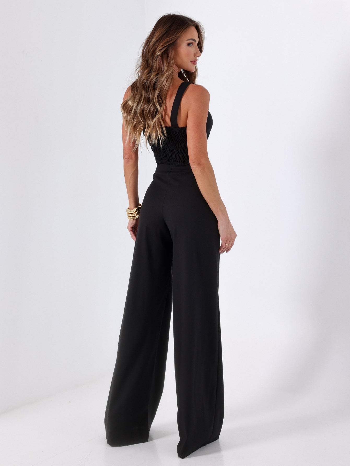 Conjunto de Linho Calça Pantalona Wide Leg e Cropped Alças Finas Lucy